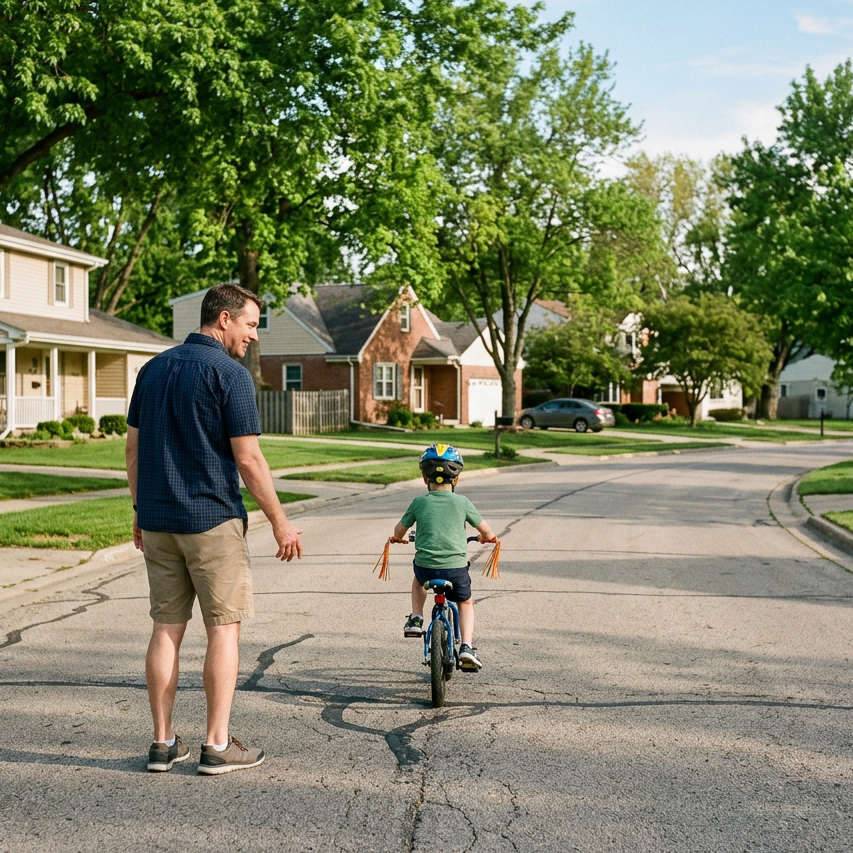 Parent walking behind child riding a bicycle on a residential street